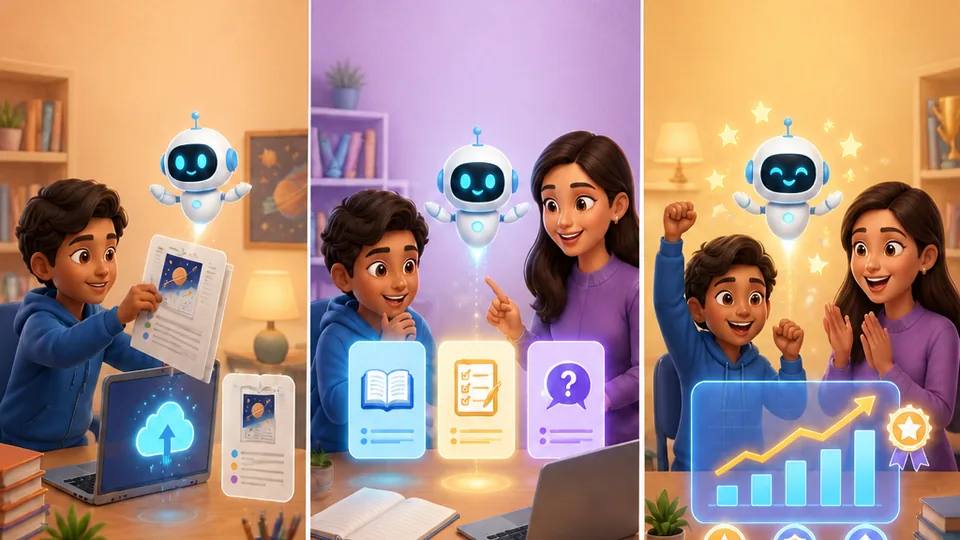 A three-step TutorBee learning journey: upload study material, choose personalized help, and celebrate progress.