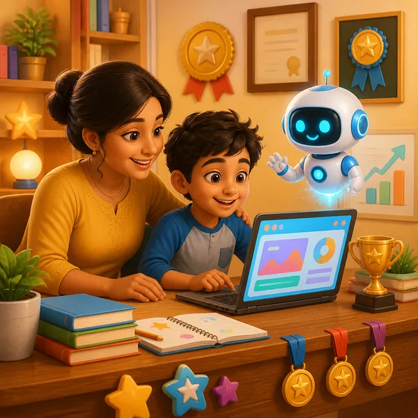 A parent and child reviewing learning progress with TutorBee.